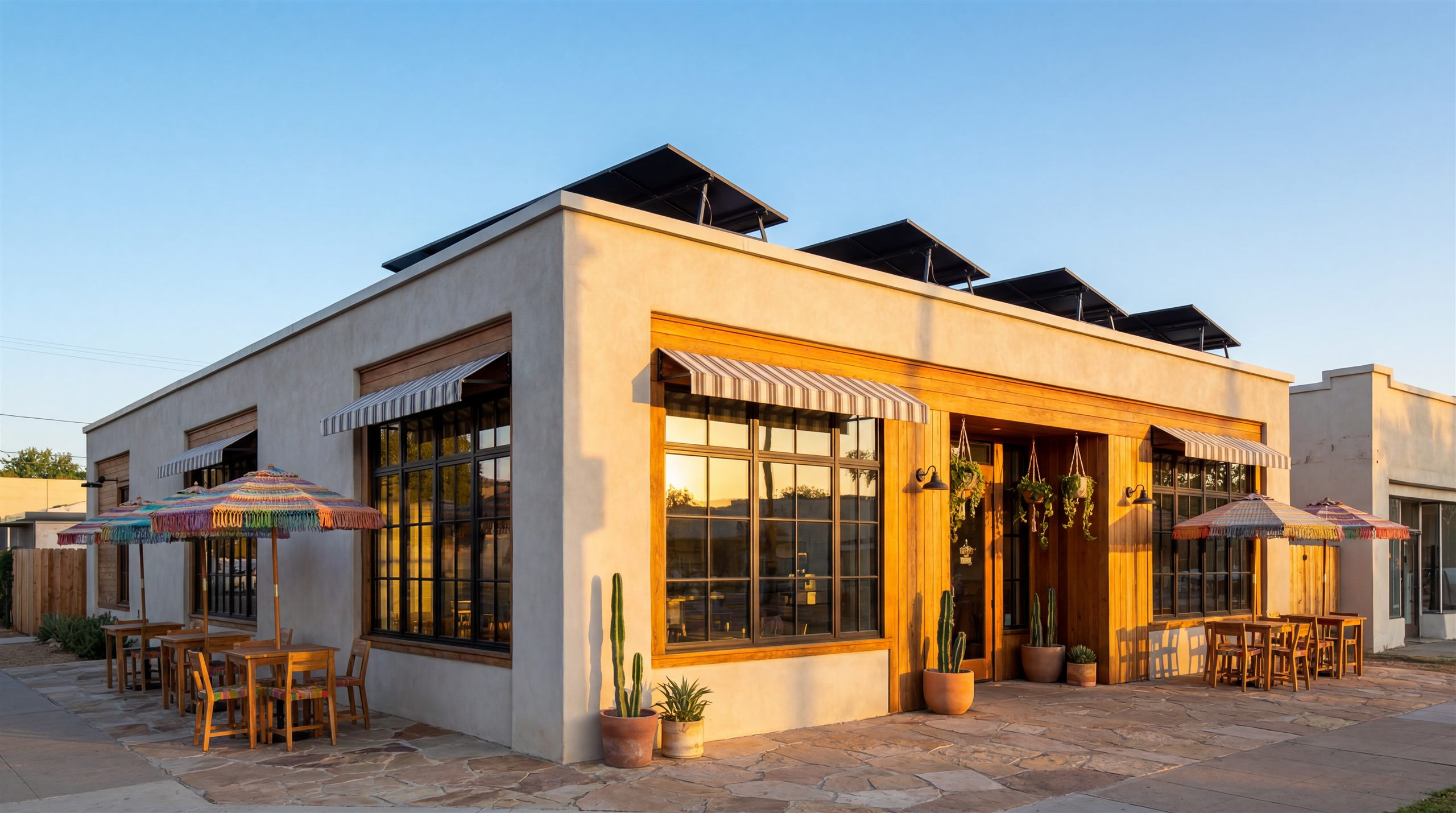 Restaurante de desayunos con paneles solares en el techo